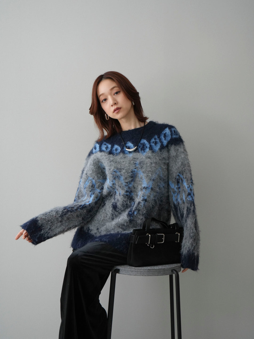 [SET]シャギーニュアンス柄ニットプルオーバー+ギャザーベロアスカート(2set)