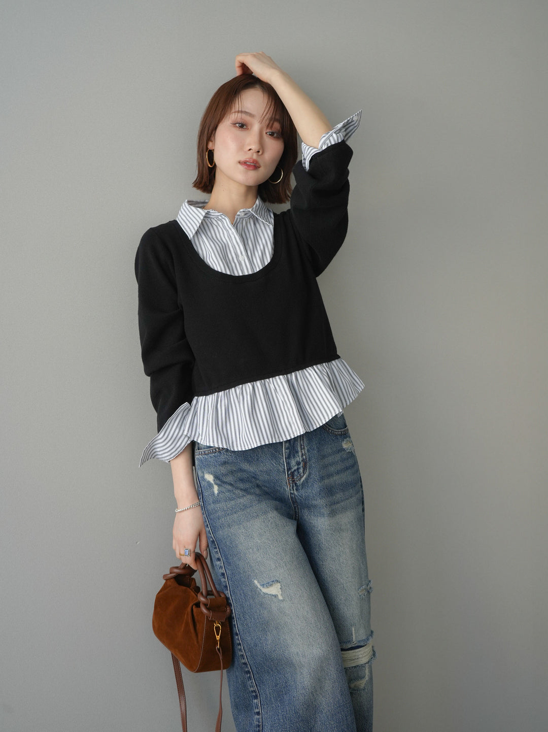 [予約]ストライプシャツUネックドッキングニットプルオーバー/blackoffstripe