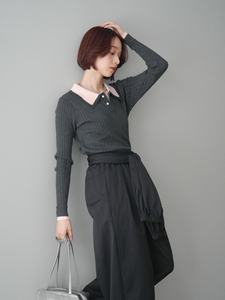[予約]ダブル襟ポロリブニットトップス/charcoalgray