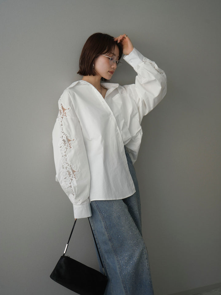 [SET]アームレースブロードシャツ+フロントビジューカーブデニムパンツ(2set)