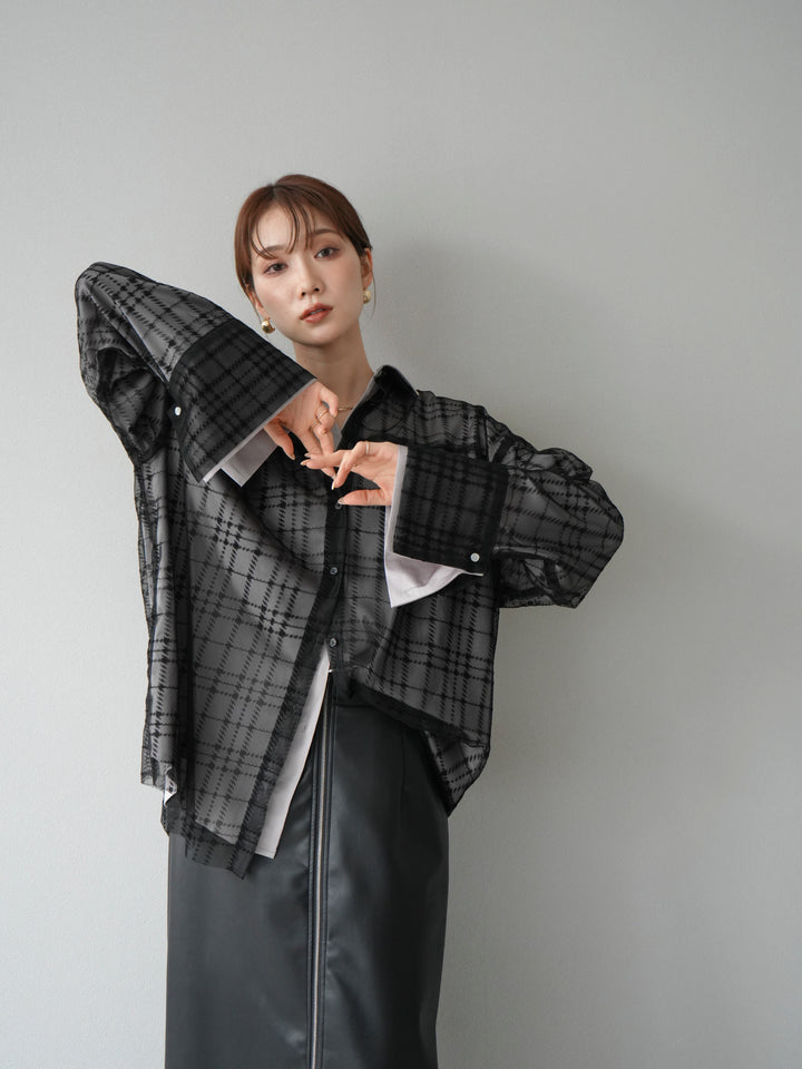 [予約]チェック柄チュールシャツアンサンブル/ブラック