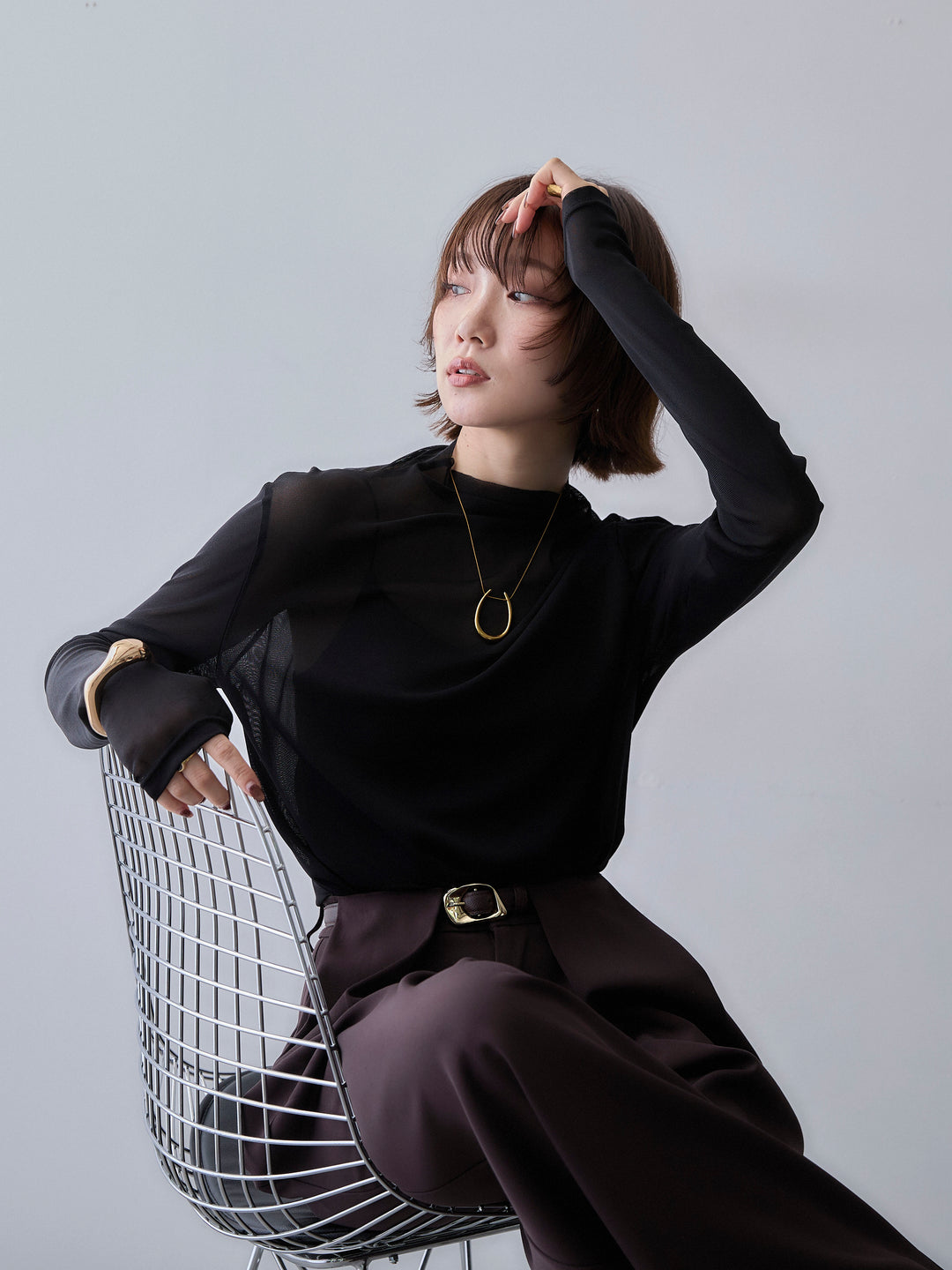 [SET]メッシュボトルネックトップス+ベルトループデザインワイドパンツ(2set)