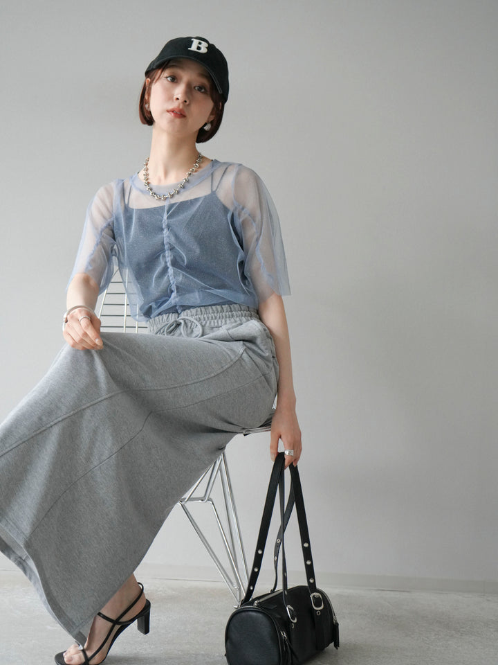 [SET]ラメチュールシャーリングプルオーバー+スウェットロングスカート(2set)