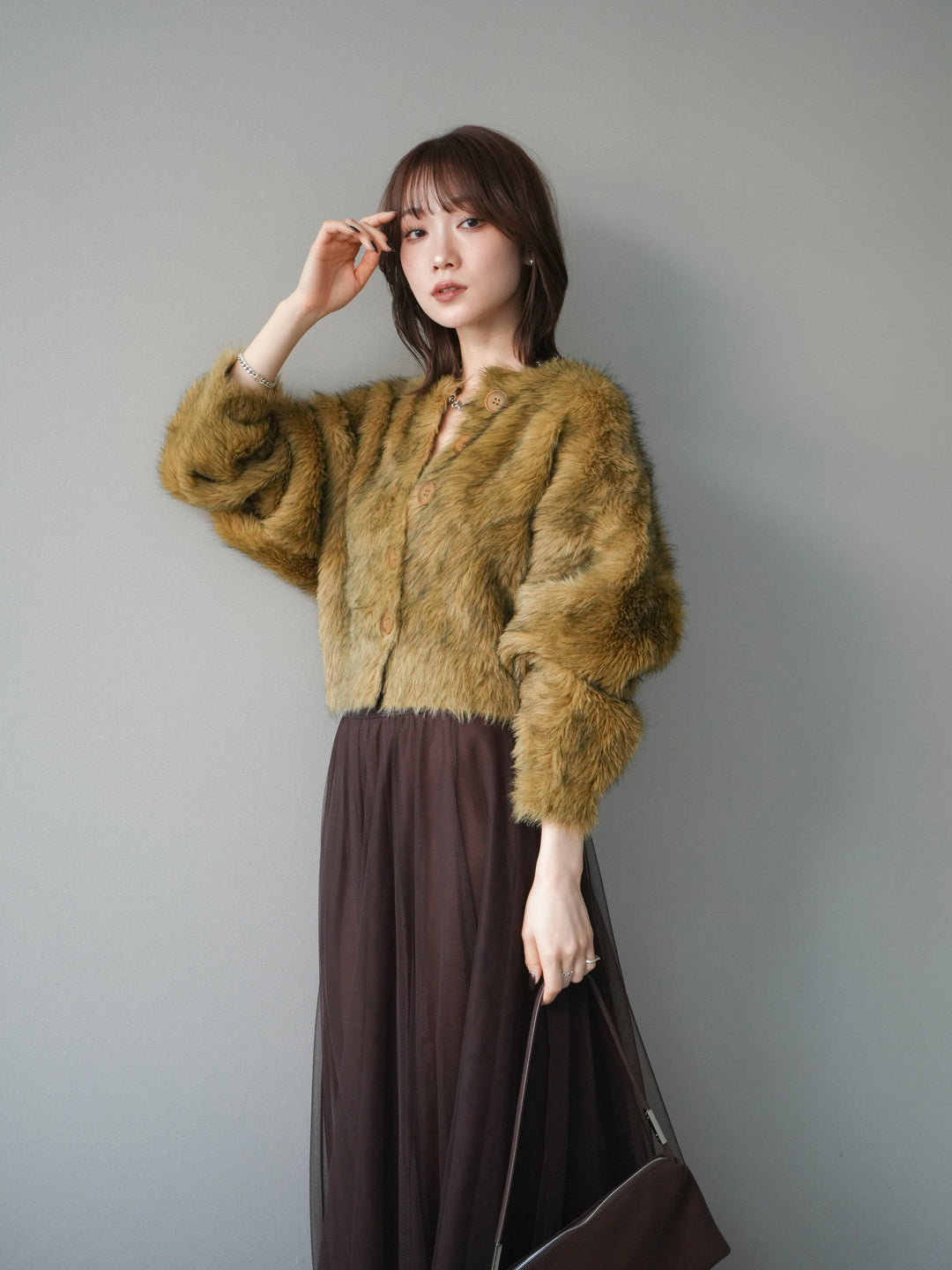 [予約]ミックスシャギーショートニットカーディガン/green