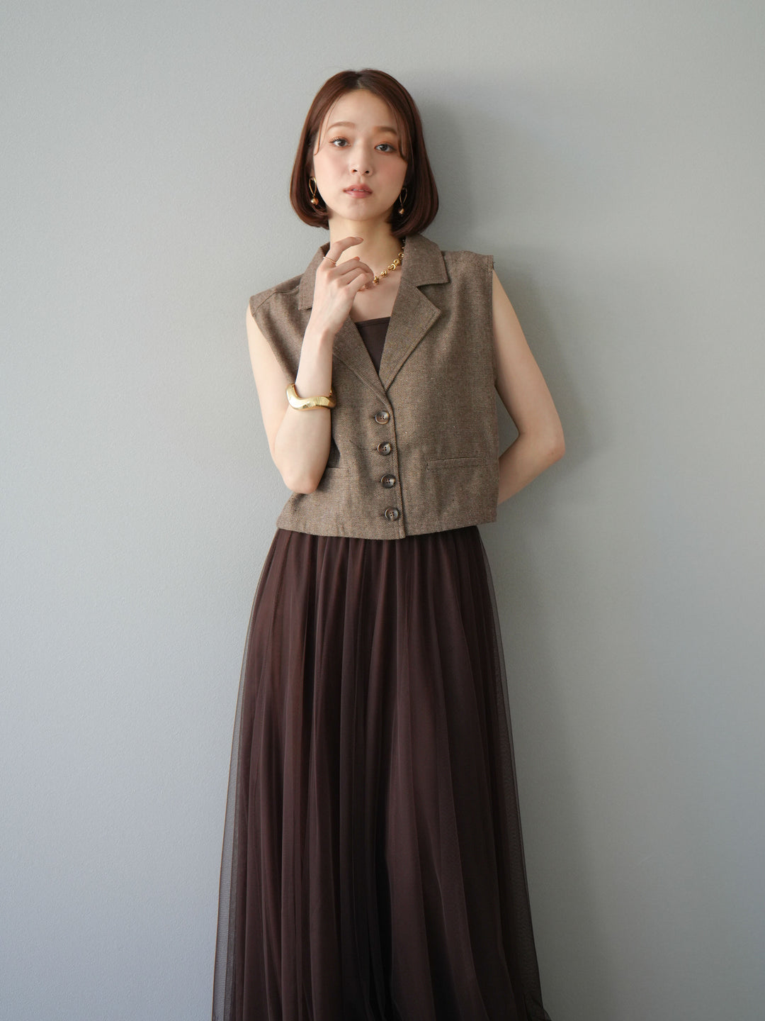 [予約]ツイードタッチテーラードジレ/ブラウン