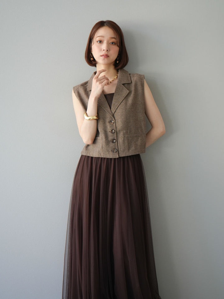 [予約]ツイードタッチテーラードジレ/ブラウン