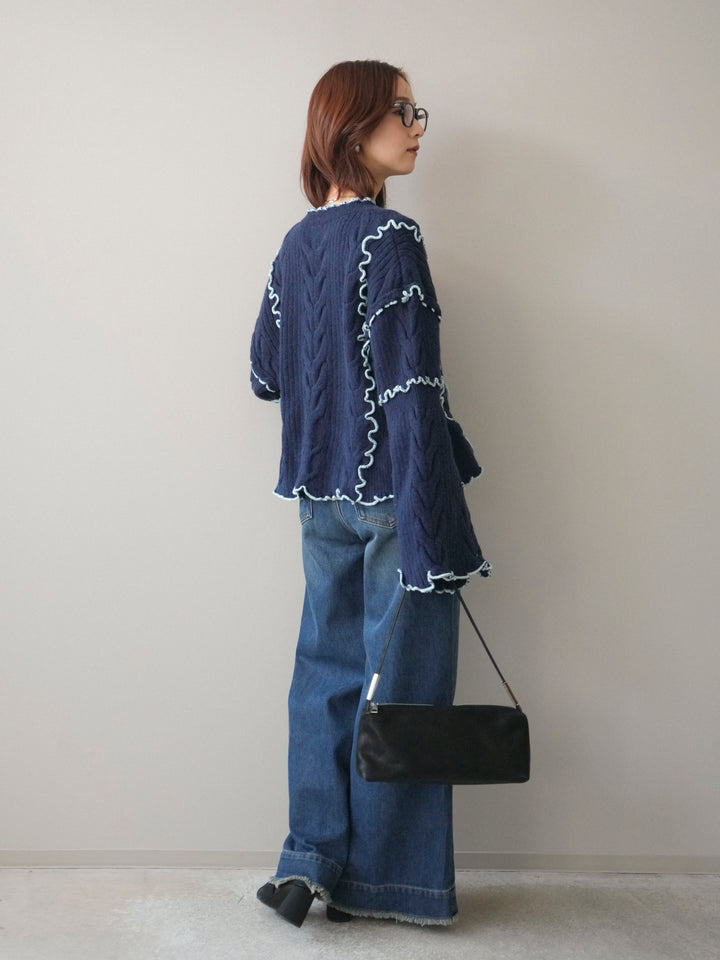 [SET]フロントリボン配色メローニットカーディガン+裏起毛裾フリンジワイドデニムパンツ(2set)