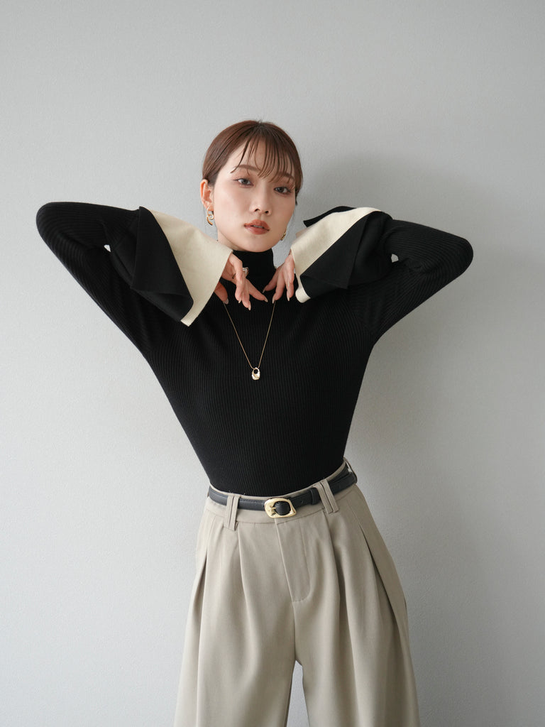 ユキ★ESSENTIAL レイヤードデザインリブトップス ブラック knit-02296 レイヤードライク バイカラーニット トップス