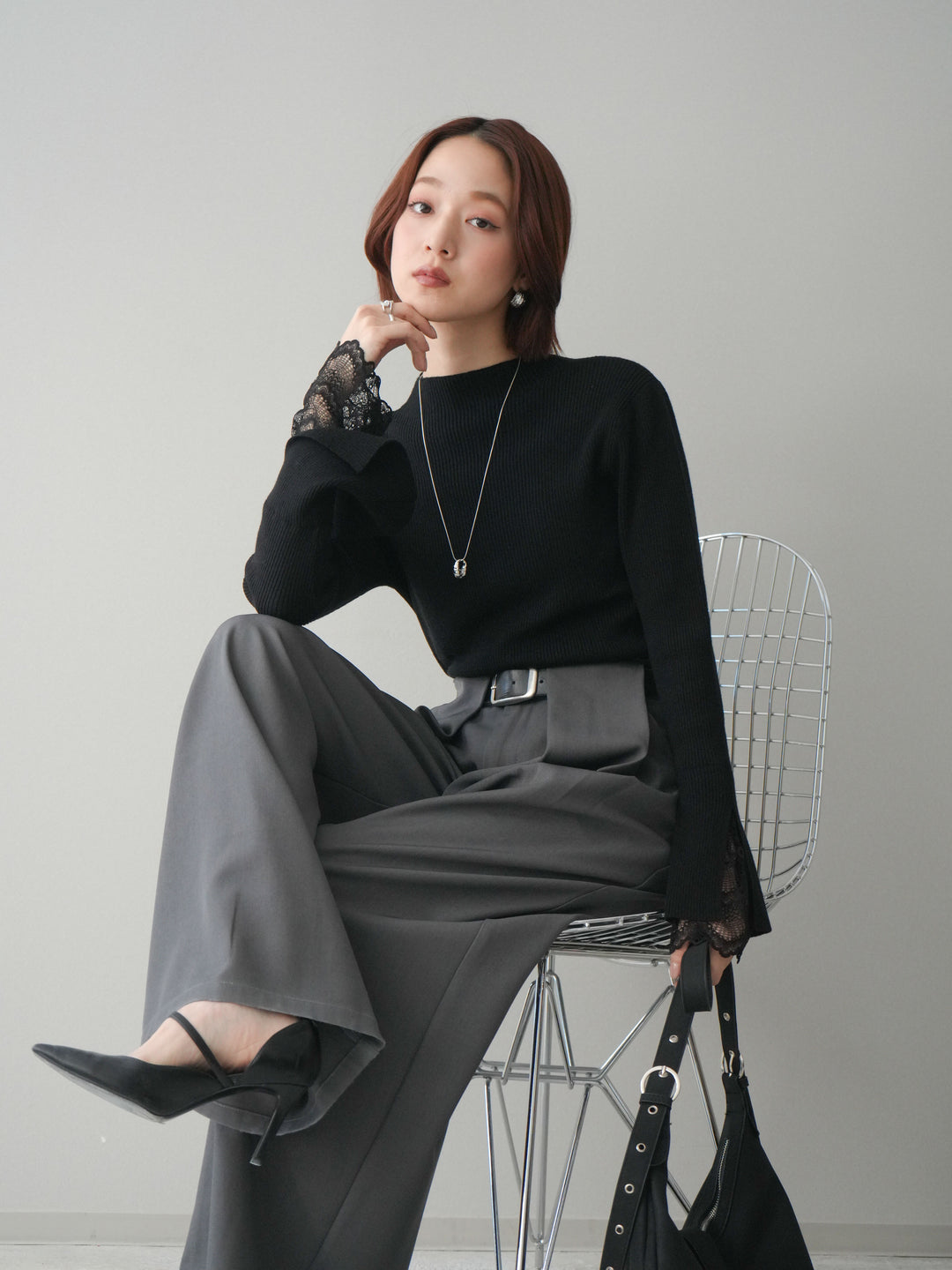 [SET]袖スカラップレースオフネックニットトップス+ベルトループデザインワイドパンツ(2set)