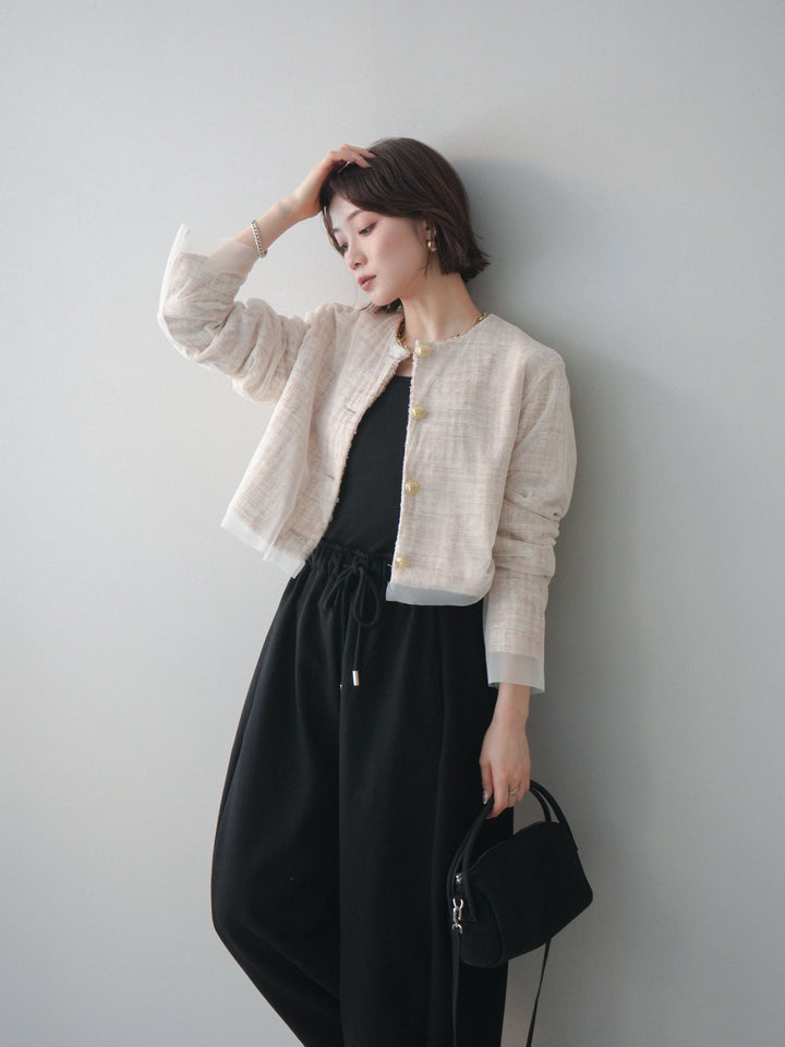 [SET]チュールレイヤードツイードクロップドジャケット+裾ZIPスエットワイドパンツ(2set)