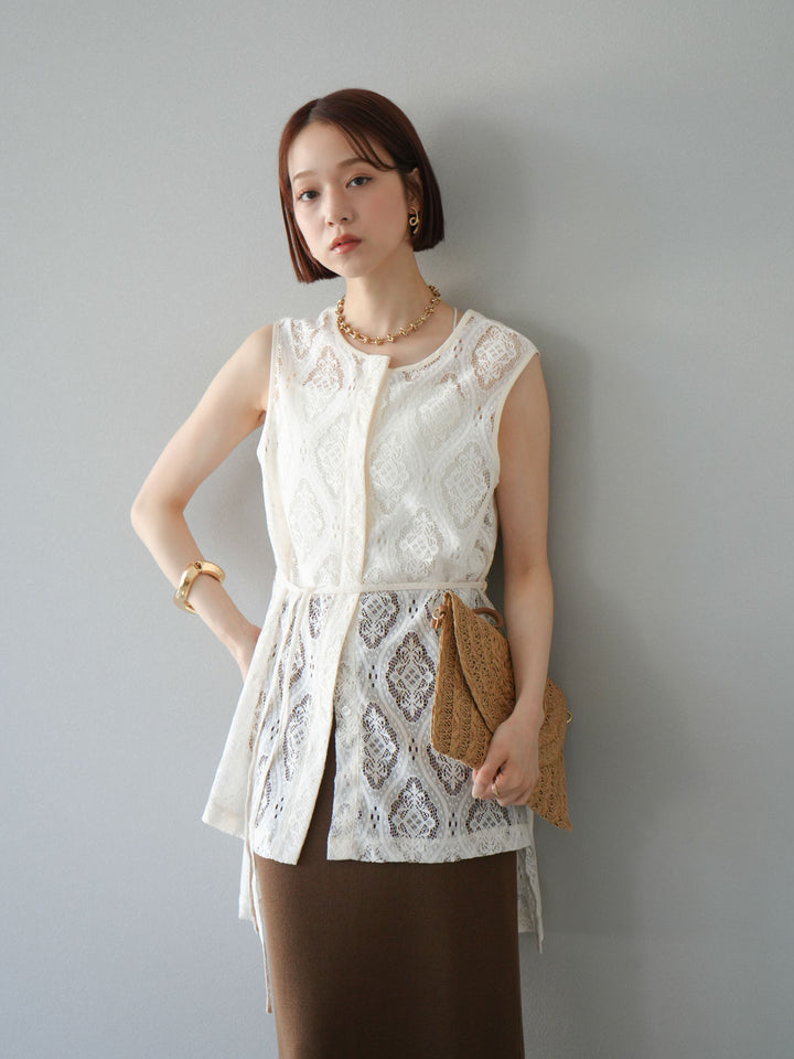 [予約]サテンパイピングレースノースリーブトップス/アイボリー