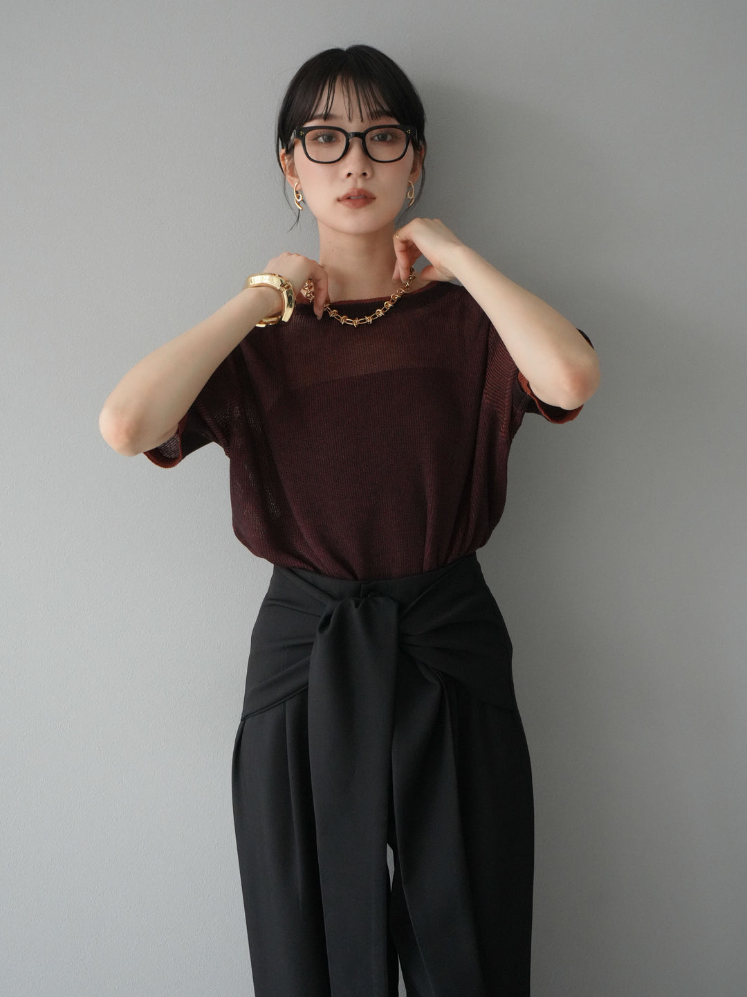 [SET]リネンタッチ配色二重臼ハーフニットトップス+ウエスト巻きデザインワイドパンツ(2set)