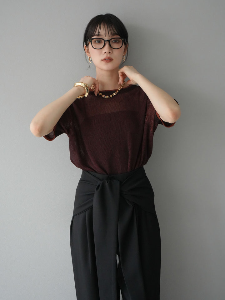 [SET]リネンタッチ配色二重臼ハーフニットトップス+ウエスト巻きデザインワイドパンツ(2set)