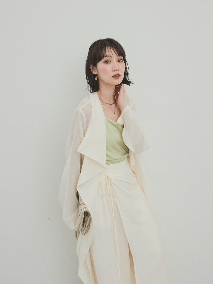 [SET] 方形天鵝絨背心 + 水洗緞層疊裙褲 + 透視長外套 (3 件套)