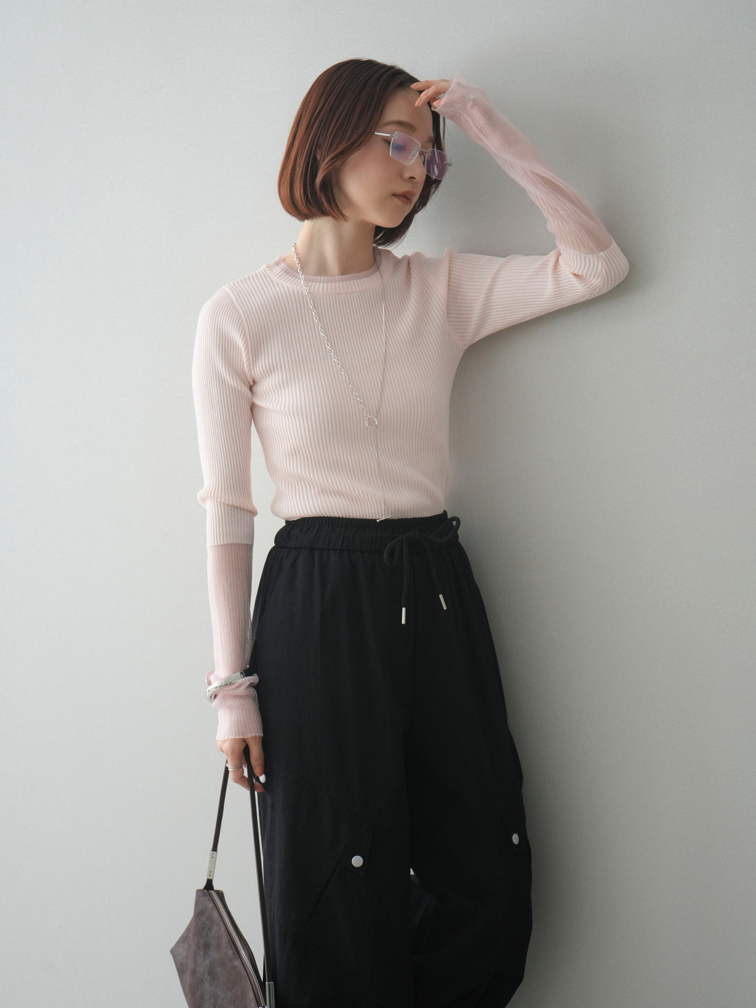 [予約]リブラメシアー切替リブニットトップス/pink