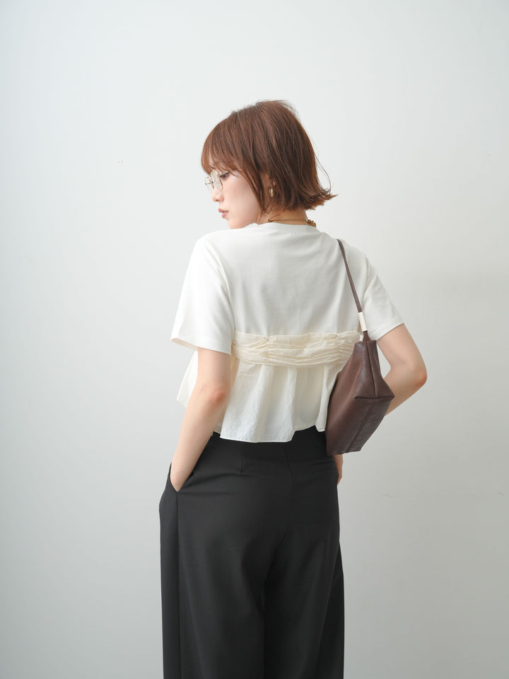 [SET]ナイロンドッキングツイストTEE +アシンメトリーベルトタックワイドパンツ(2set)