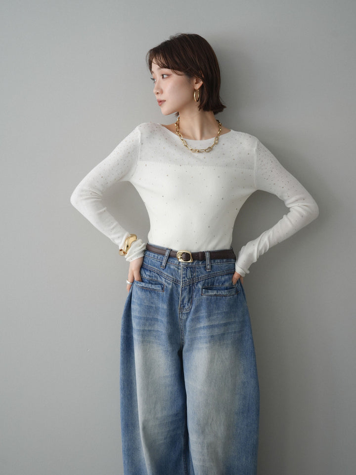 [SET]スパンコールシアーニットトップス+選べるアクセセット(2set)