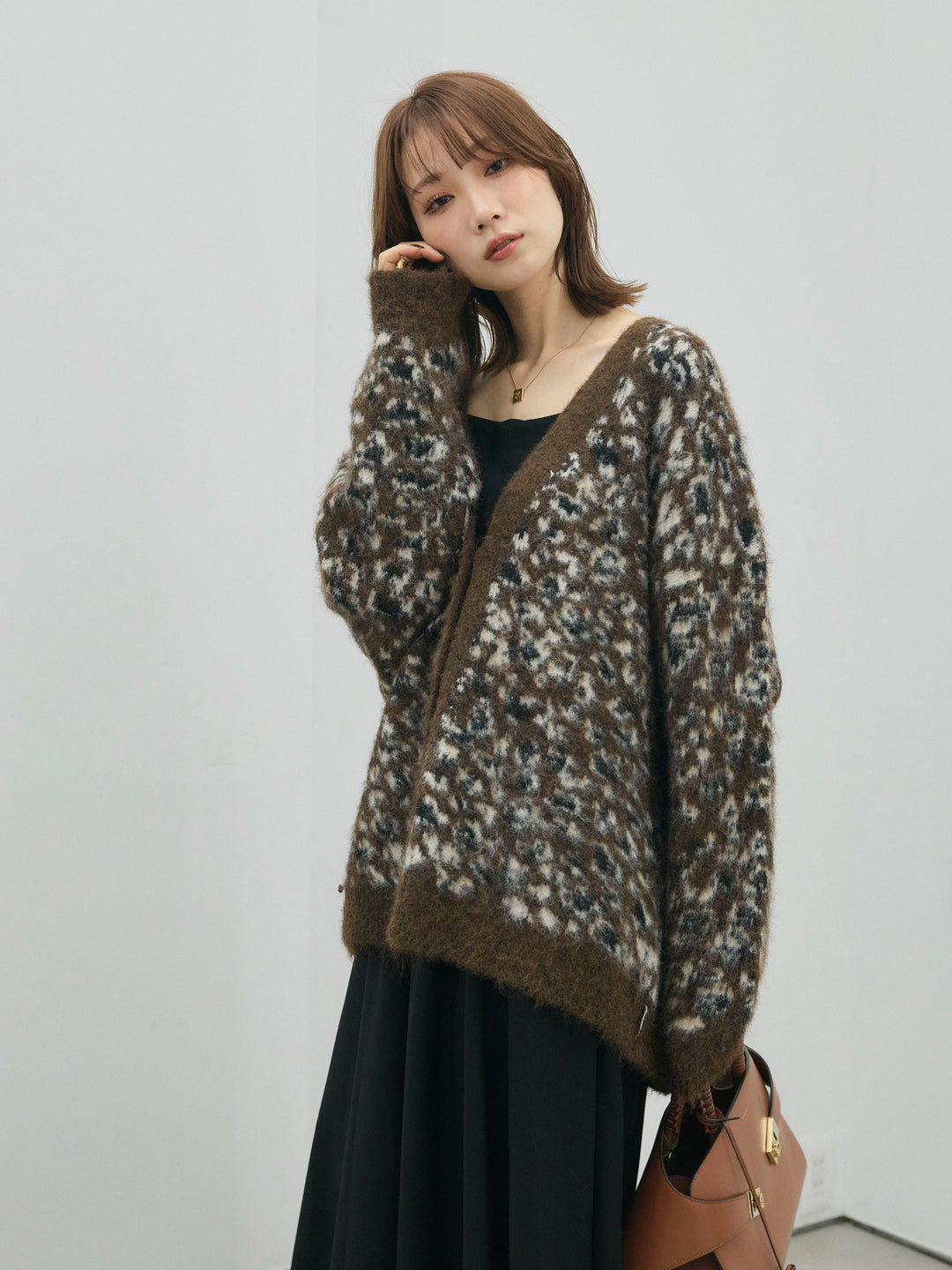 【Allure】[SET]レオパードシャギーニットカーディガン+ウールタッチフレアスカート(2set)