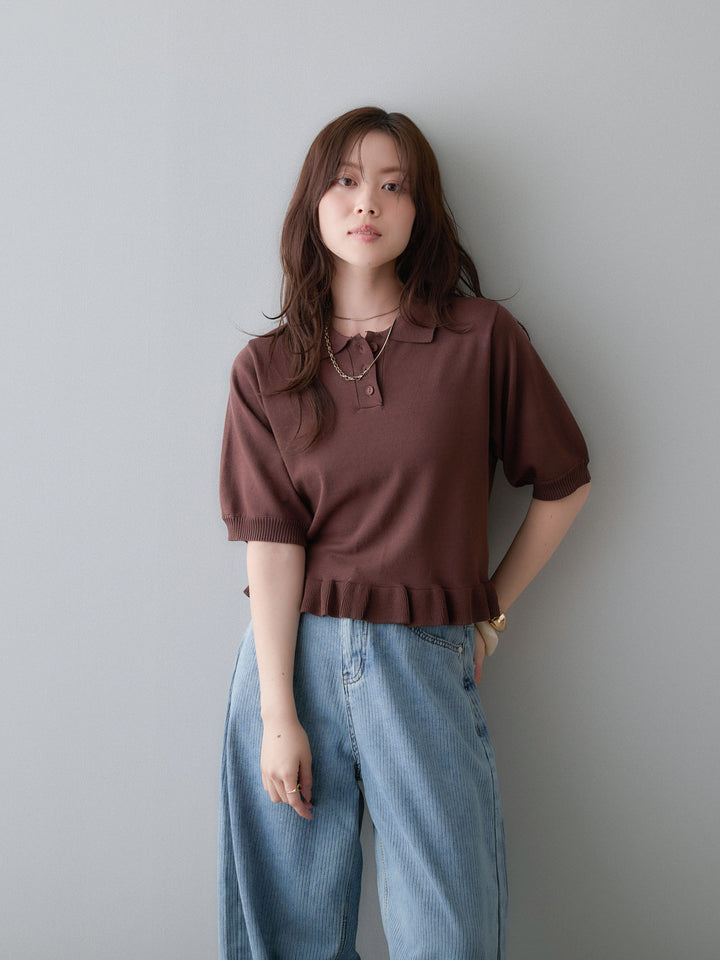 [予約]クールタッチポロフリルニットプルオーバー/brown