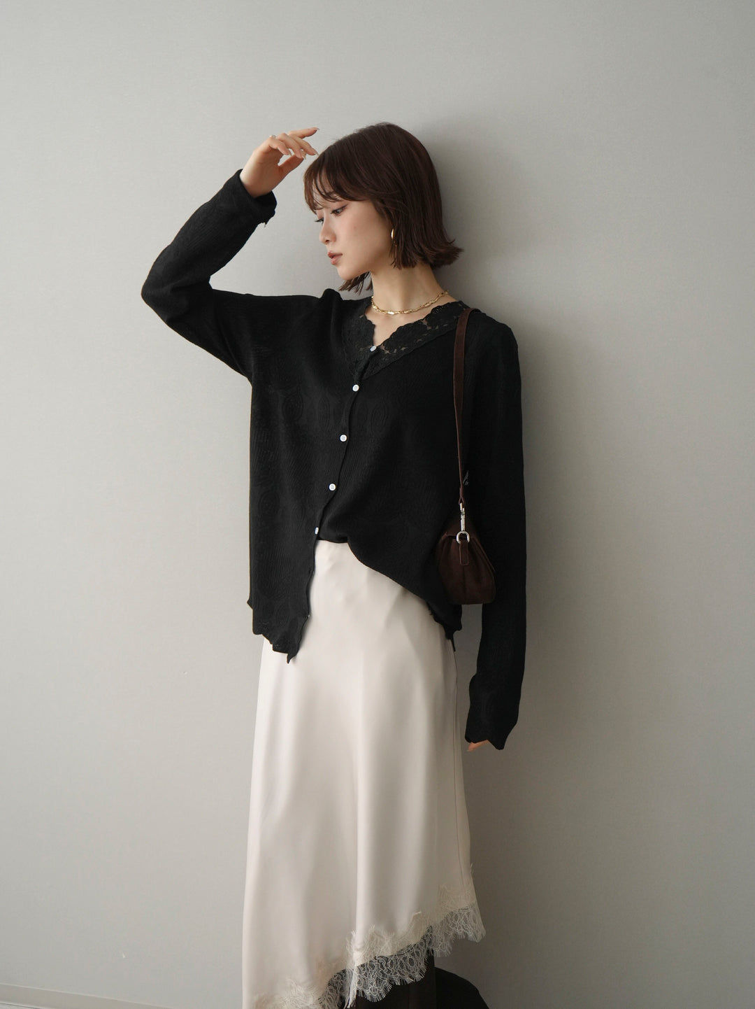 [SET]レースネックジャガードニットカーディガン+選べるアクセセット(2set)