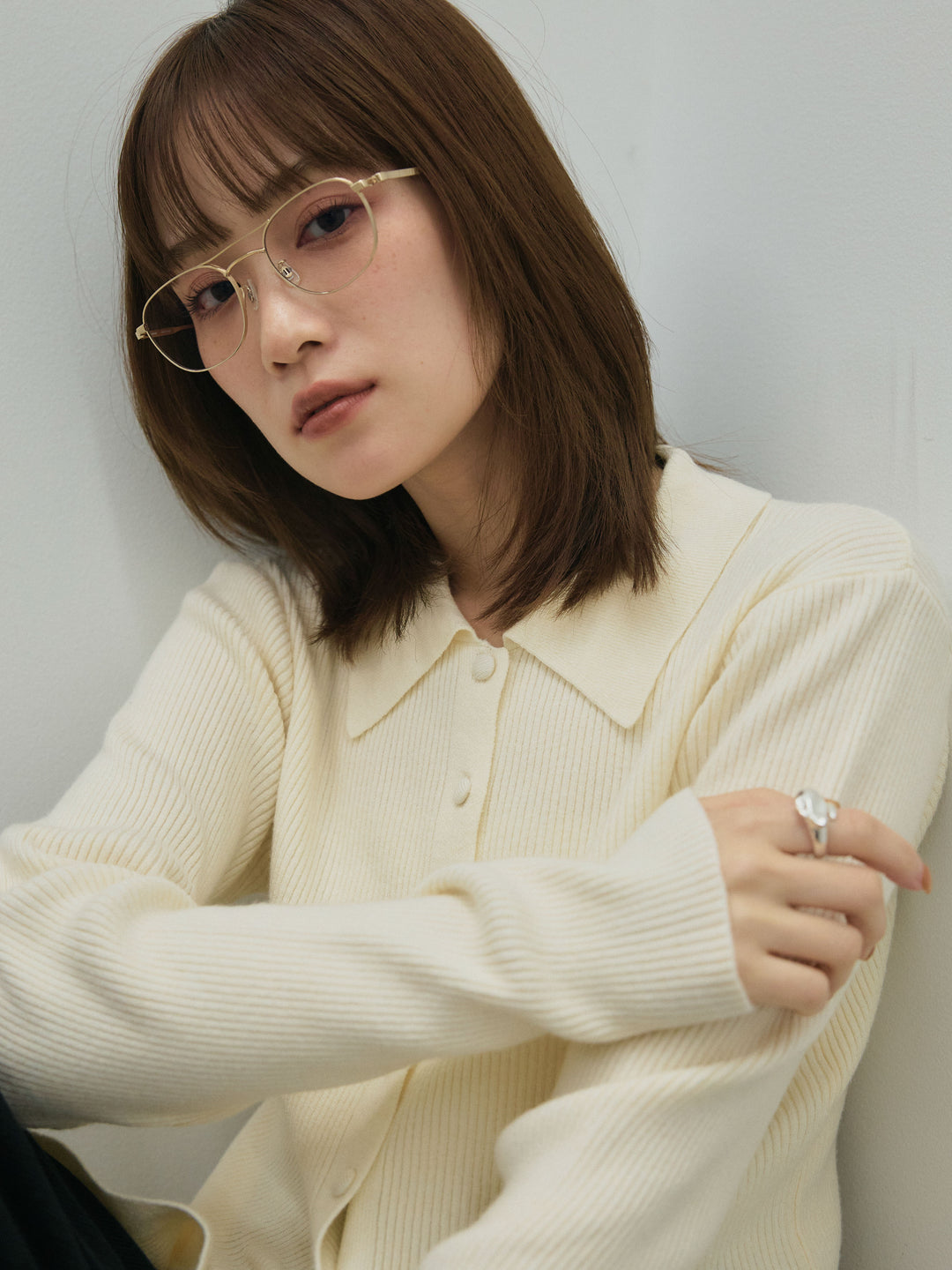 【Allure】[SET]くるみボタンポロリブニットトップス+コーデュロイタックワイドパンツ(2set)