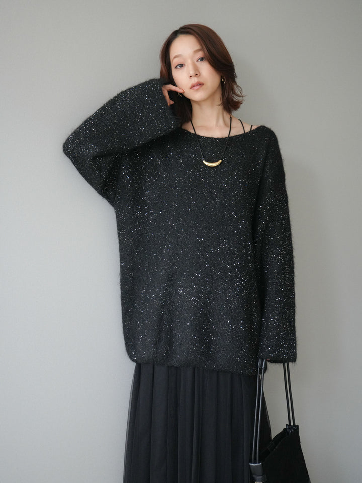 [予約]スパンコールミニシャギーニットチュニック/black