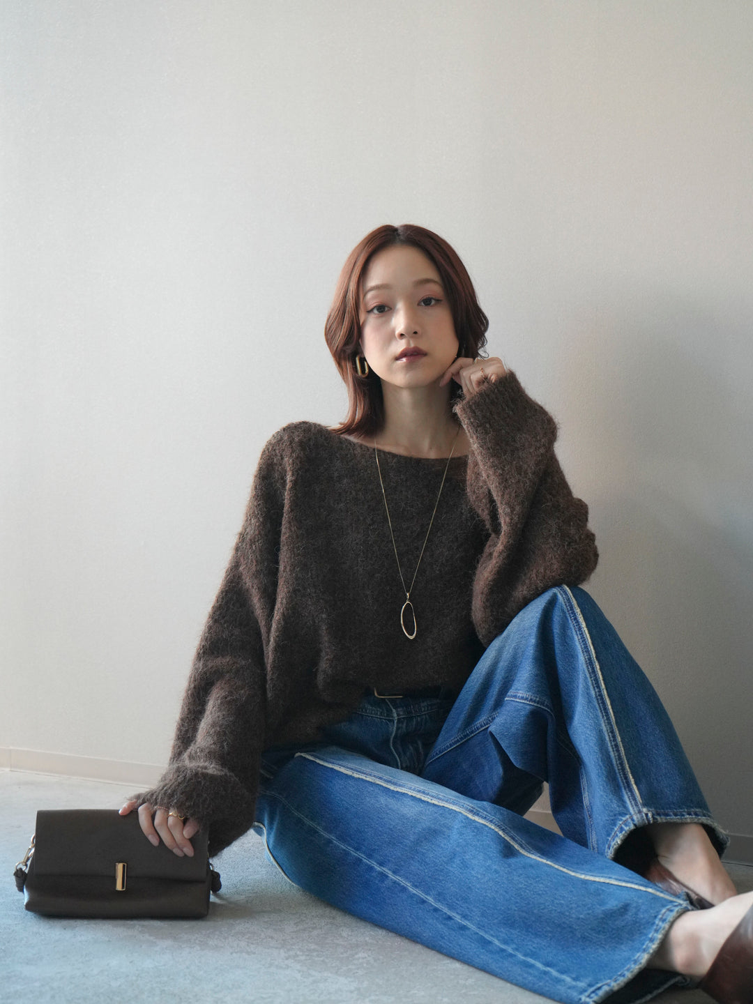 [予約]透かしデザインニットプルオーバー/brown