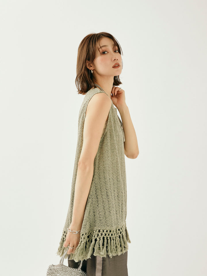 [予約]フリンジ透かし編みニットベスト/カーキ