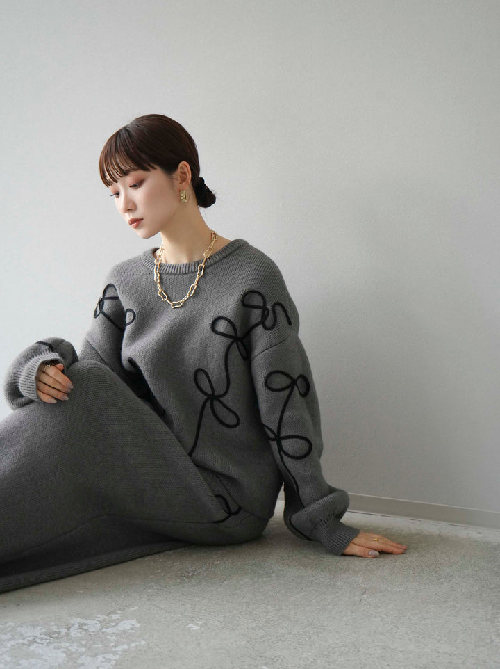 [予約]コード刺繍Iラインニットスカート/チャコール