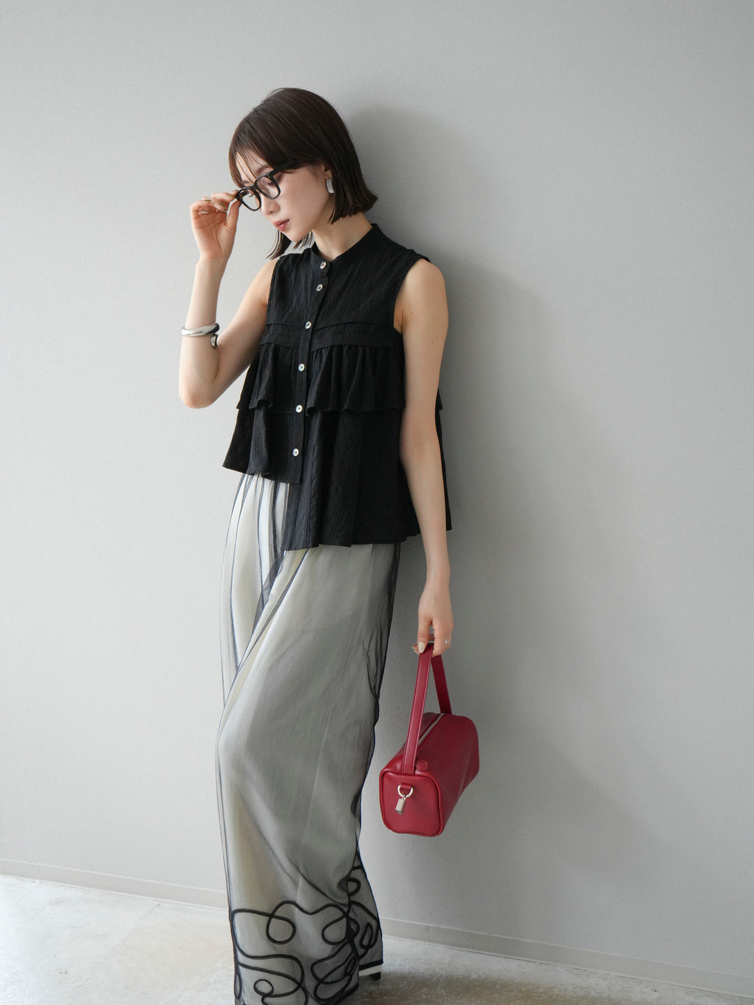 [SET]ドビーストライプアシンメトリーフリルノースリブラウス+リネンライクイージーワイドパンツ(2set)