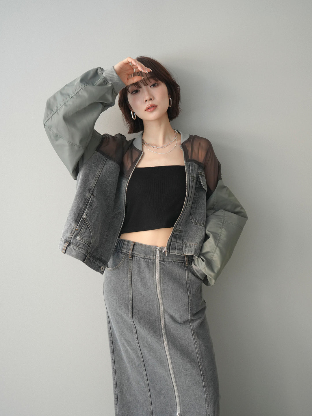 [SET]異素材デニムブルゾン+フロントジップデニムスカート(2set)