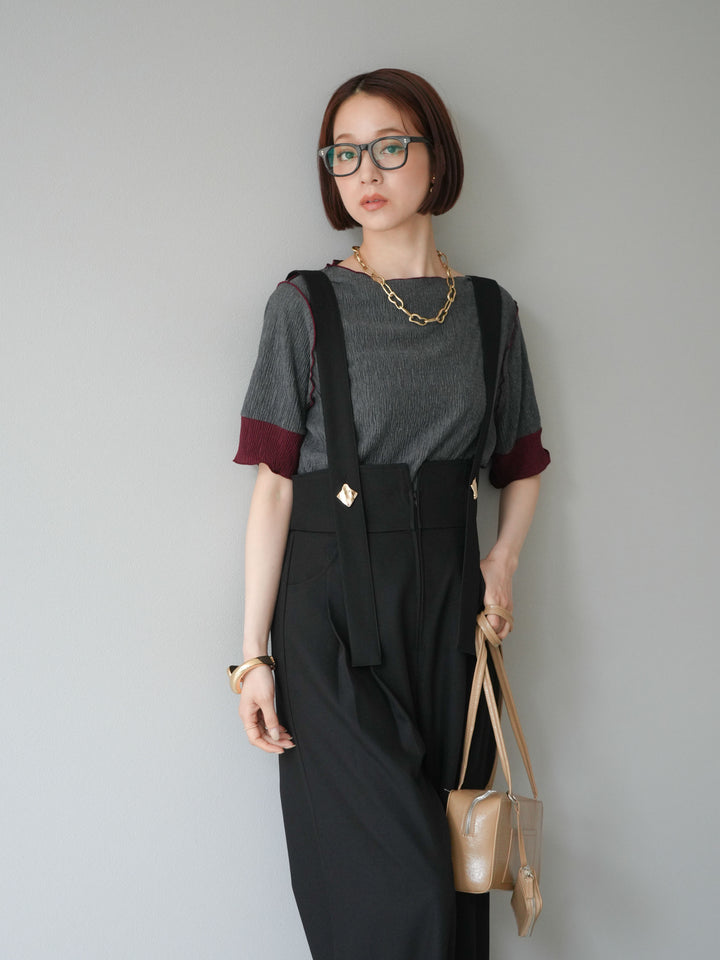 [SET]プリーツ配色ボートネックプルオーバー+ゴールドボタンサスペンダーワイドパンツ(2set)