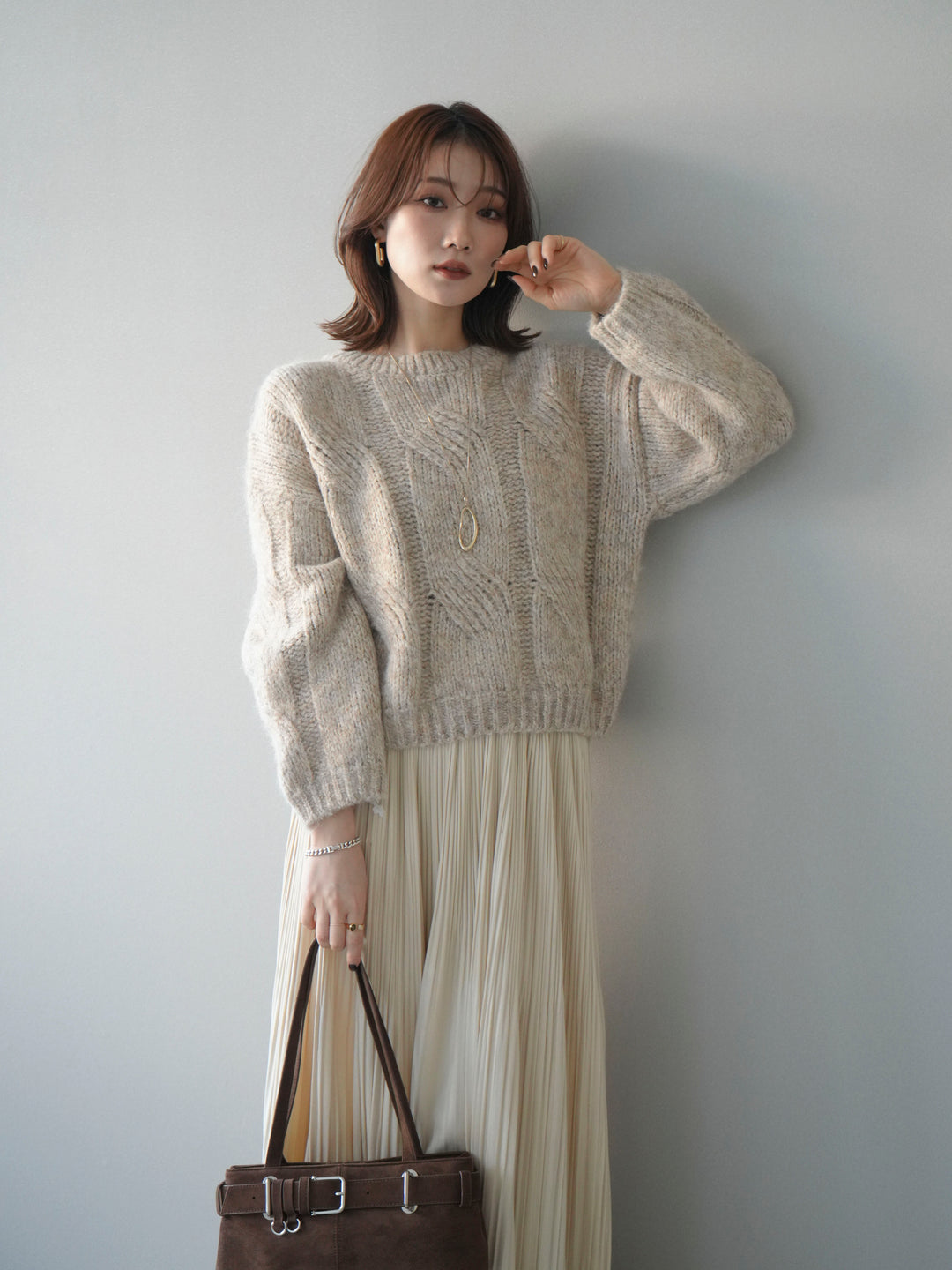 [予約]ワイドケーブルミックスニットプルオーバー/ivory