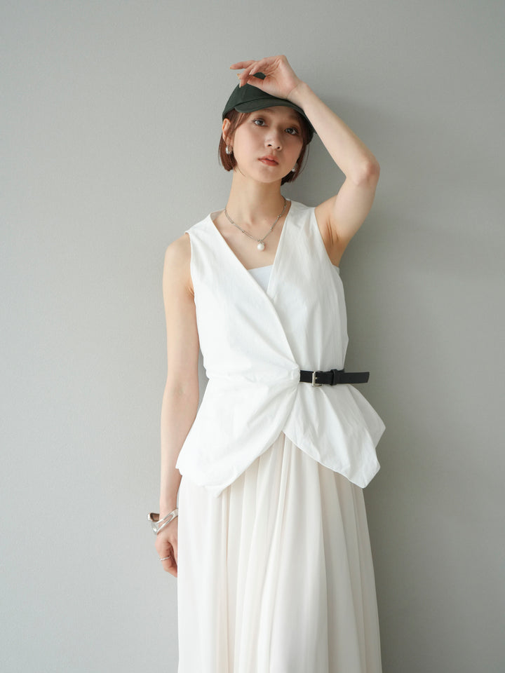 [SET]ベルトデザインバルーンブラウス+シフォンフレアスカート(2set)