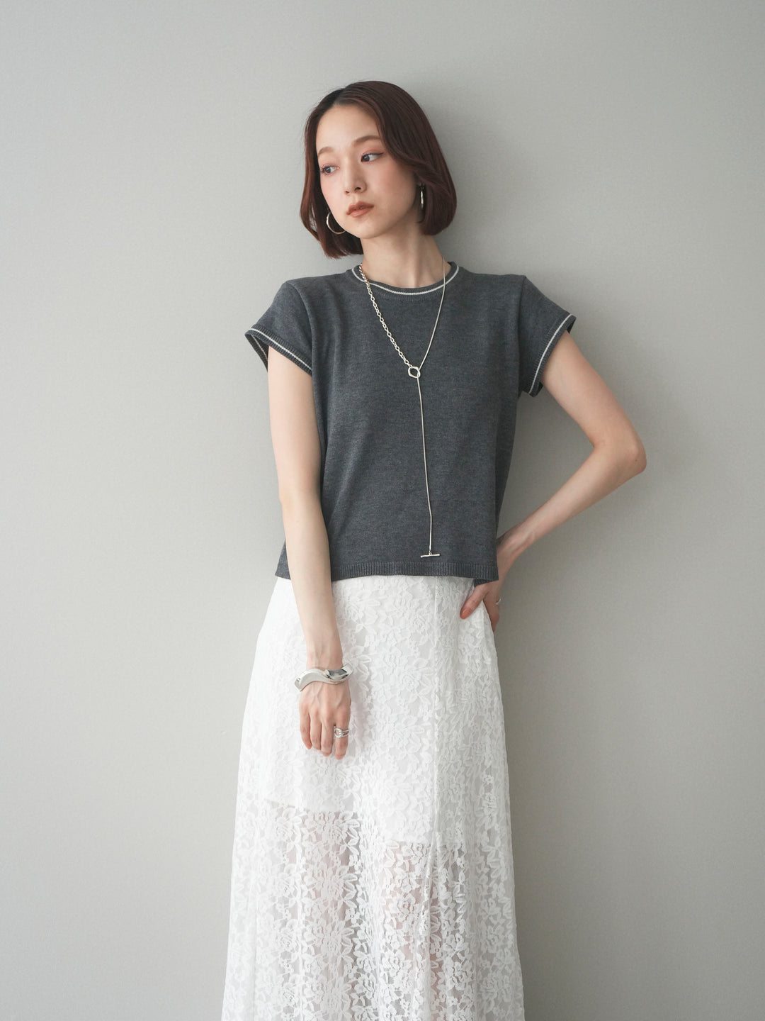 [SET]配色ハーフスリーブニットトップス+選べるアクセセット(2set)