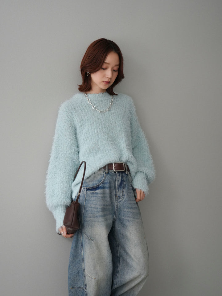 [SET]ボリュームスリーブシャギー MIXニットプルオーバー+ベルト付カーブデニムパンツ(2set)