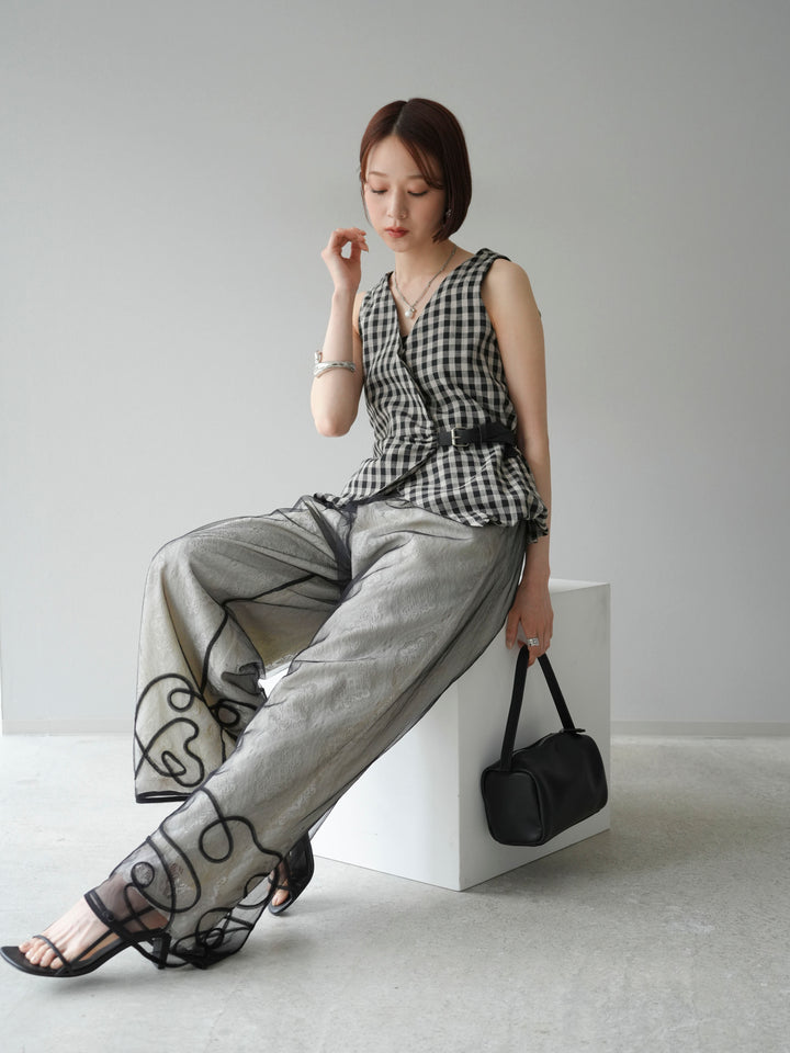 [SET]ベルトデザインバルーンブラウス+レースタックイージーパンツ+コード刺繍チュールレイヤードパンツ(3set)