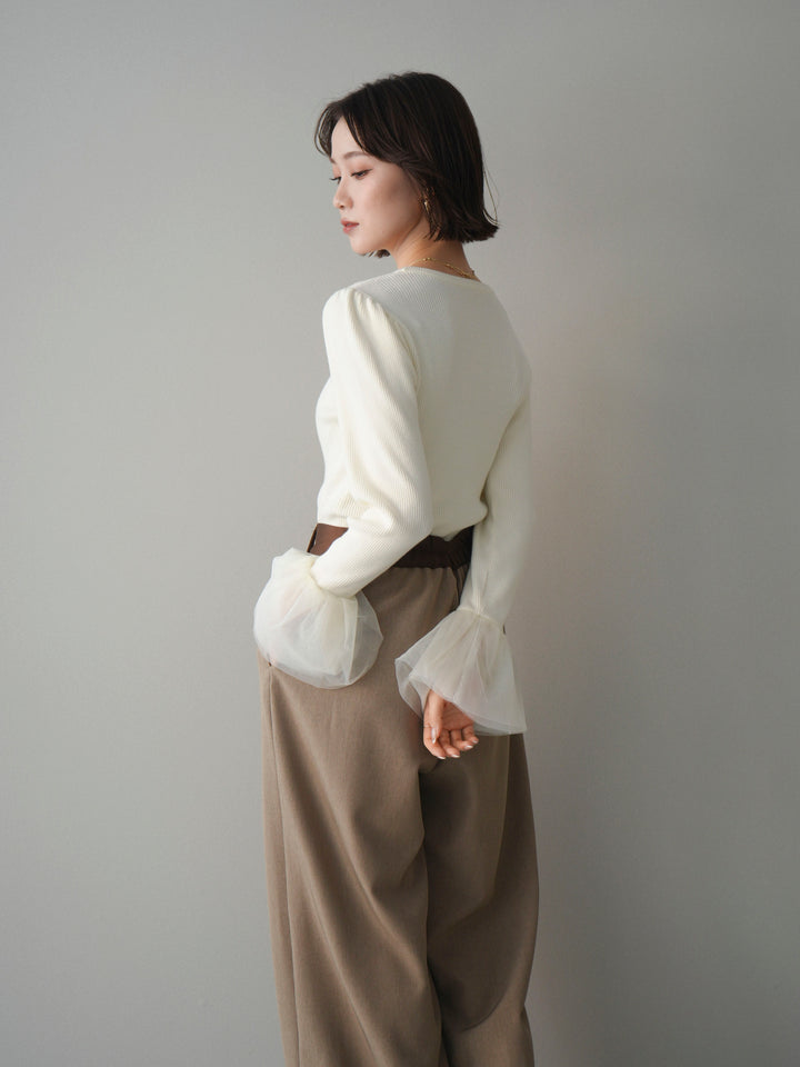 [SET]袖チュールパワショルリブニットトップス+選べるアクセセット(2set)