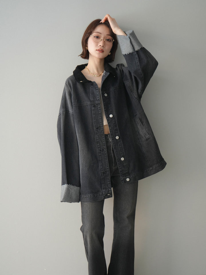 [SET]コーデュロイ×デニムミドルジャケット+フレアデニムパンツ(2set)