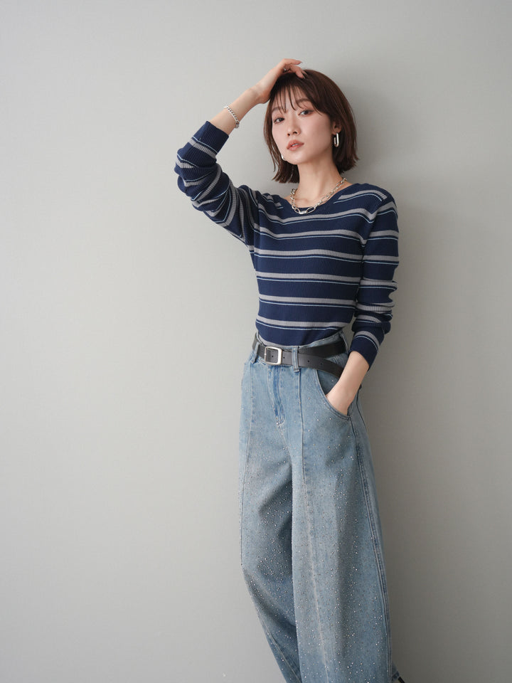 [予約]バックオープンテレコリブマルチボーダートップス/navy