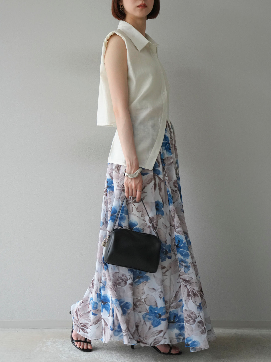 [予約]フラワープリントボリュームフレアスカート/ブルー