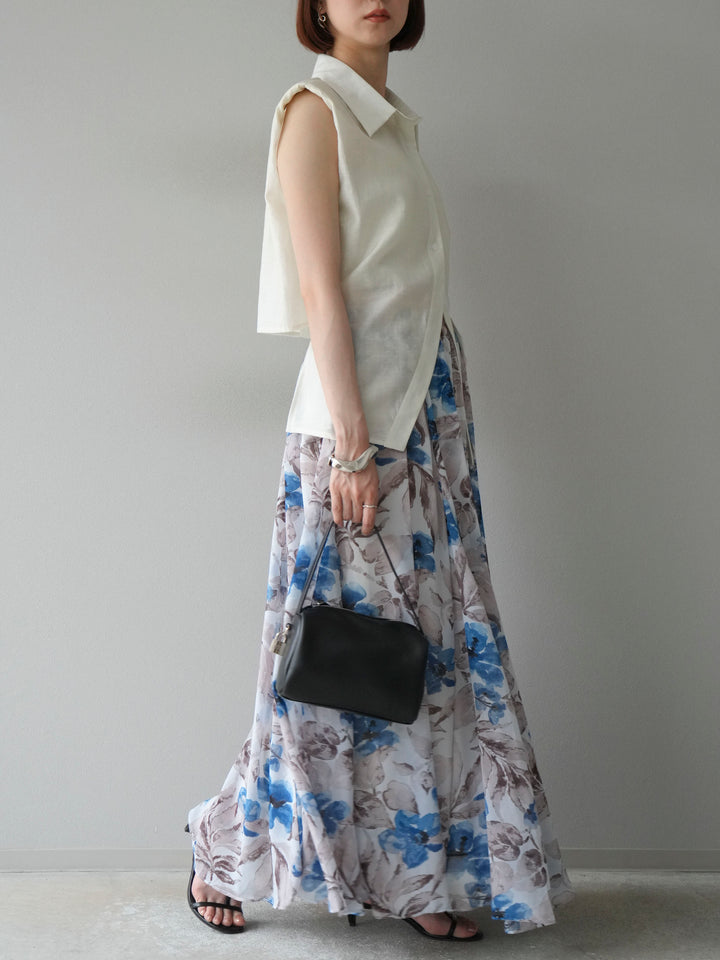 [予約]フラワープリントボリュームフレアスカート/ブルー