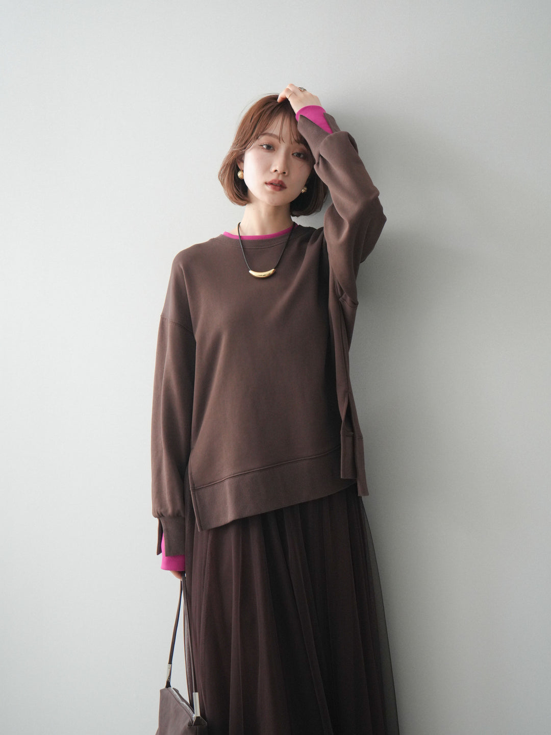 [SET]配色レイヤードデザインスエットプルオーバー+チュールボリュームスカート(2set)