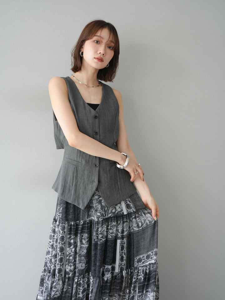 [SET]リネンタッチバックオープンベスト＆ニュアンス柄マキシスカートSET UP(2set)