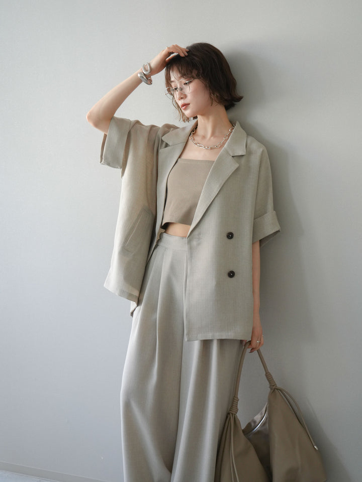 【套裝】亞麻質感半雙層外套+亞麻質感束口寬腿褲（兩件套）