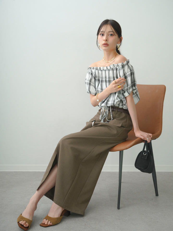 [SET]チェックギャザーオフショルトップス+クレープデシンフラップ付きストレートスカート(2set)