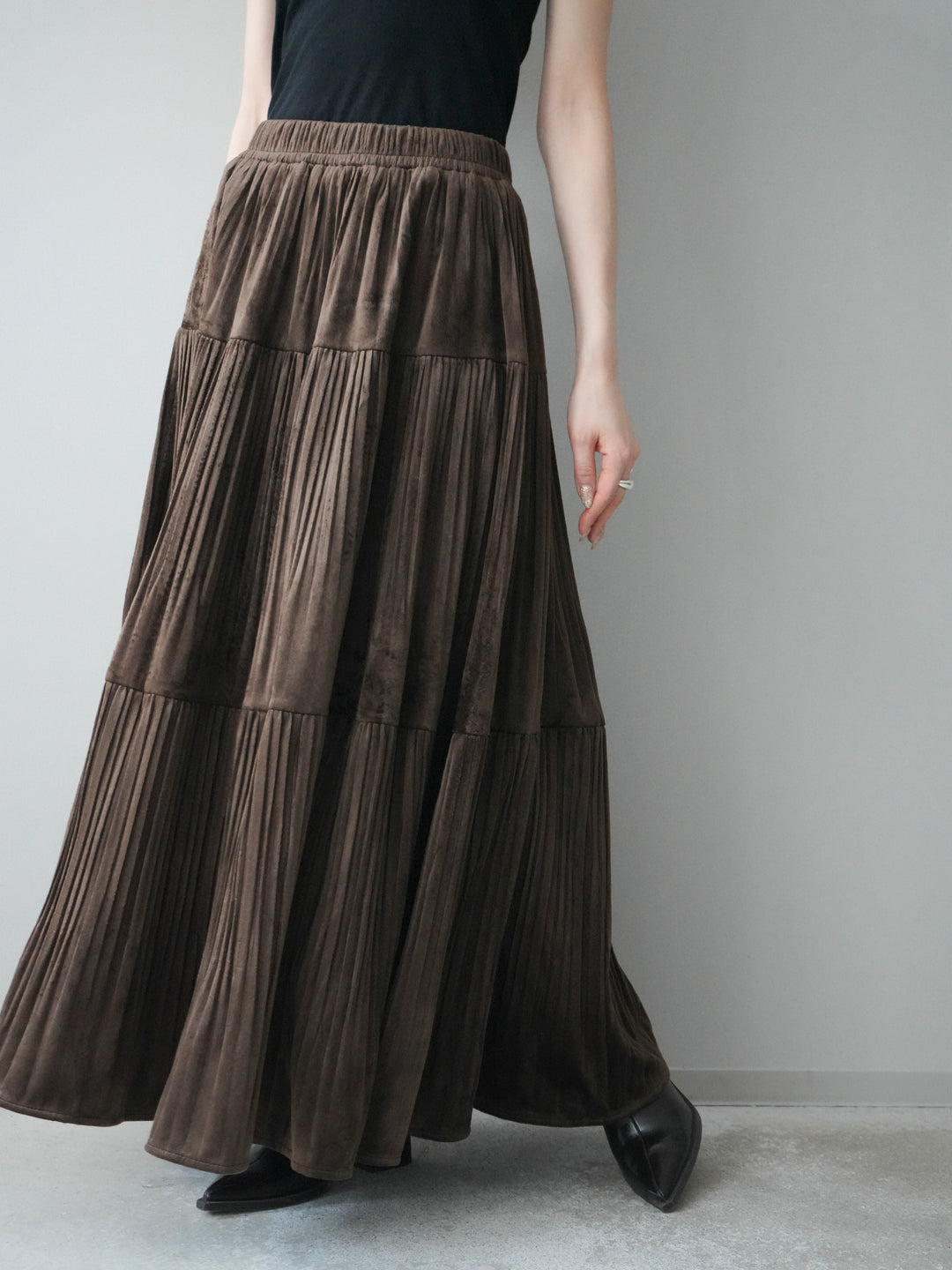 [予約]ベロアティアードワッシャースカート/camel