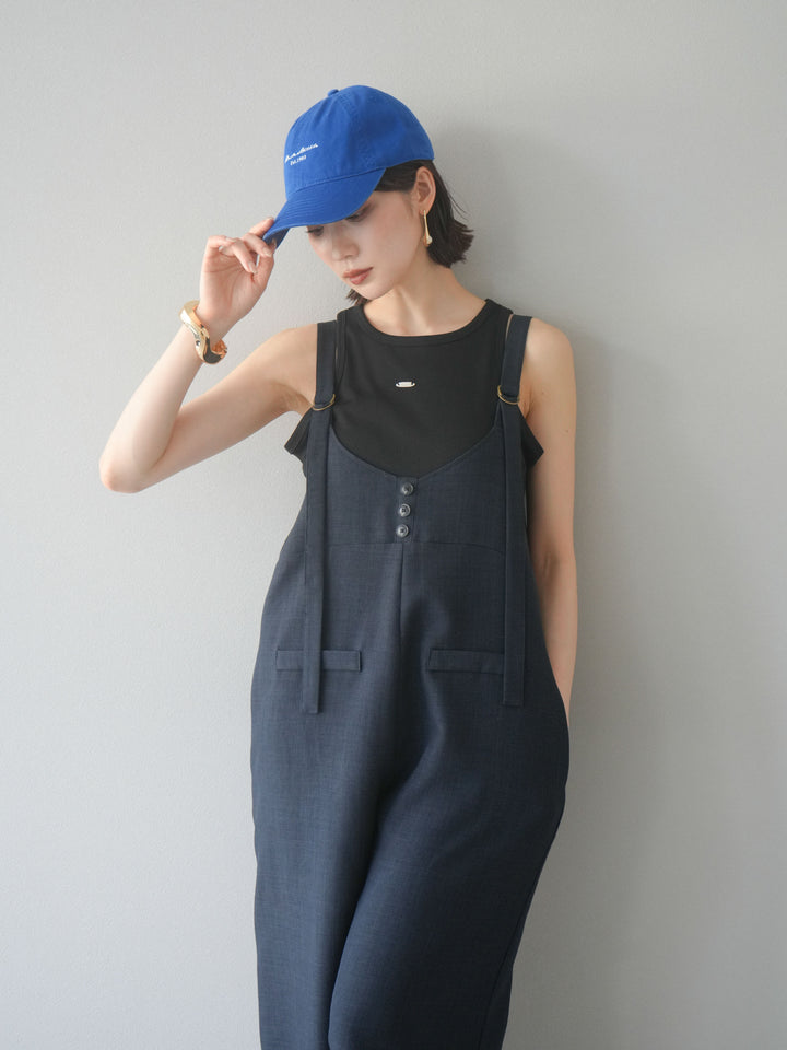 [予約]リネンタッチボタンサロペット/チャコール