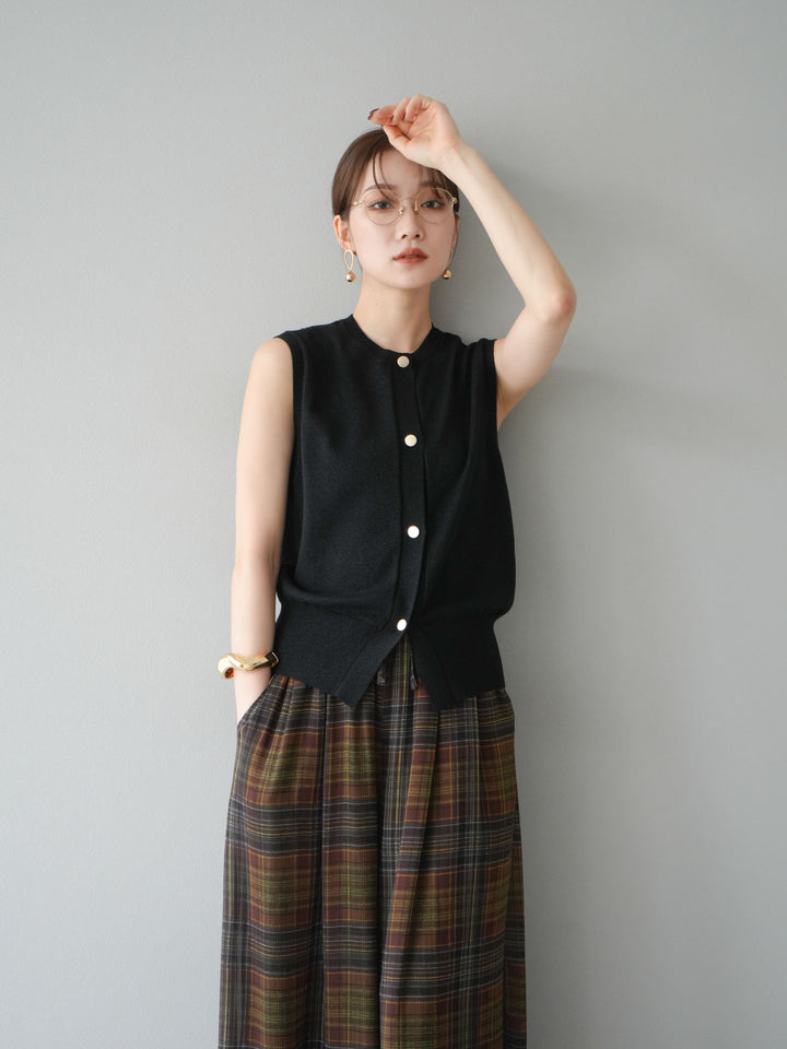 [SET] 金銀絲針織背心 + 透視格紋寬鬆褲 (2 件套)