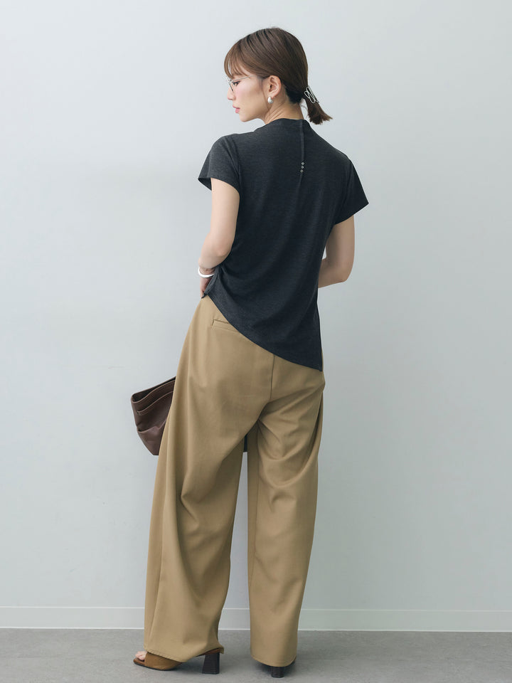 [SET]ヘムアシメバックボタンデザインフレンチトップ+クレープデシンタックワイドパンツ(2set)